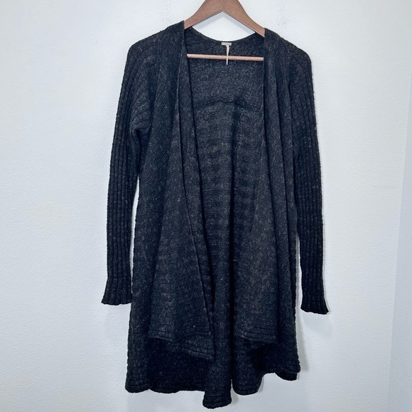 Free People Ribbed Chunky Knit Open Front Grey Longline Cozy Cardigan Size S - Picture 1 of 5